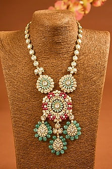 Yellow Gold Finish Ruby & Emerald Long Necklace Set In Sterling Silver