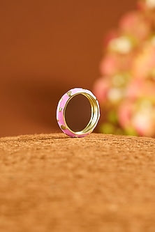 Yellow Gold Finish Pink Enameled Ring In Sterling Silver