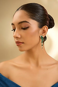 White Finish Eurostar Zircon & Glass-Filled Emerald Dangler Earrings In Sterling Silver