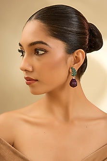 White Gold Finish Eurostar Zircon & Glass-Filled Emerald Dangler Earrings In Sterling Silver