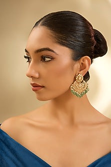 Yellow Gold Finish Moissanite Polki & Emerald Dangler Earrings In Sterling Silver