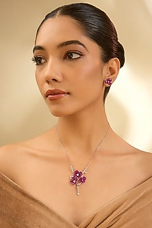 White Gold Finish Eurostar Zircon & Ruby Necklace In Sterling Silver