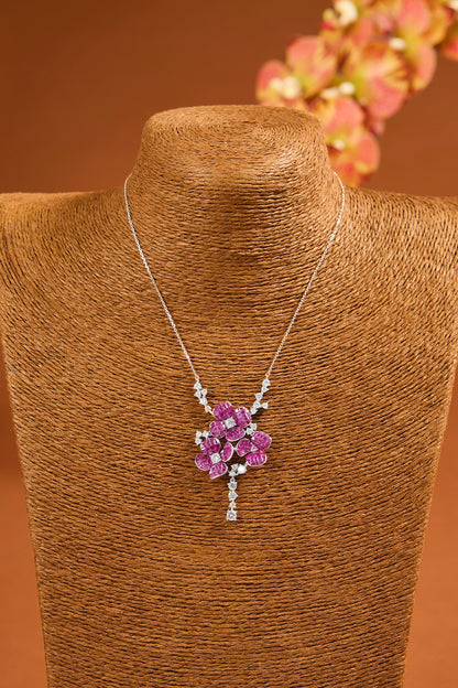 White Gold Finish Eurostar Zircon & Ruby Necklace In Sterling Silver