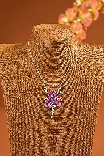 White Gold Finish Eurostar Zircon & Ruby Necklace In Sterling Silver