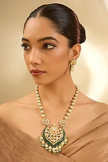 Yellow Gold Finish Moissanite Polki & Emerald Long Necklace In Sterling Silver