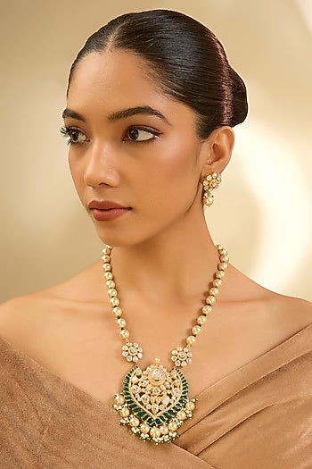 Yellow Gold Finish Moissanite Polki & Emerald Long Necklace In Sterling Silver