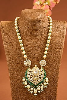 Yellow Gold Finish Moissanite Polki & Emerald Long Necklace In Sterling Silver
