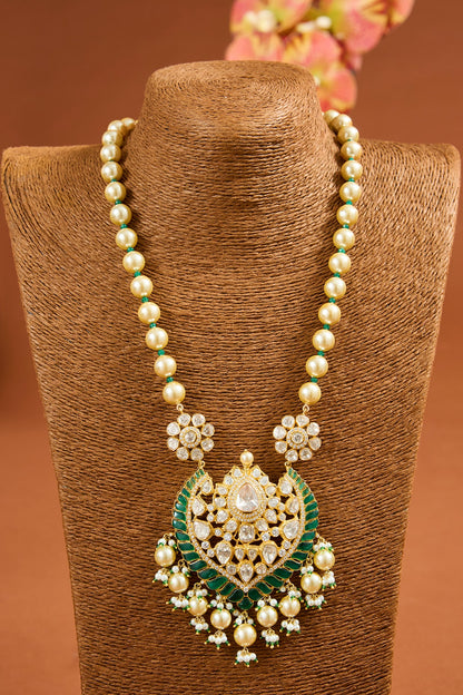 Yellow Gold Finish Moissanite Polki & Emerald Long Necklace In Sterling Silver