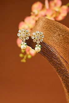 Yellow Gold Finish Moissanite Polki & Emerald Long Necklace In Sterling Silver