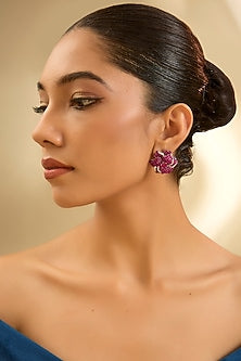 White Gold Finish Eurostar Zircon & Ruby Stud Earrings In Sterling Silver