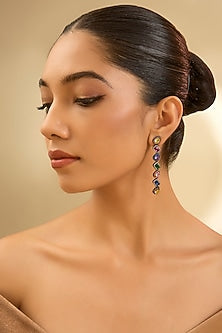 Black Rhodium Finish Eurostar Zircon & Multi-Colored Stone Dangler Earrings In Sterling Silver