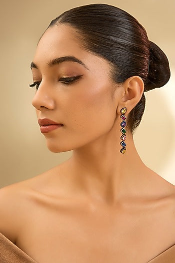 Black Rhodium Finish Eurostar Zircon & Multi-Colored Stone Dangler Earrings In Sterling Silver