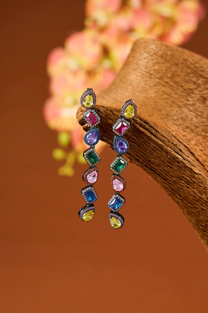 Black Rhodium Finish Eurostar Zircon & Multi-Colored Stone Dangler Earrings In Sterling Silver