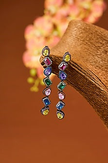 Black Rhodium Finish Eurostar Zircon & Multi-Colored Stone Dangler Earrings In Sterling Silver