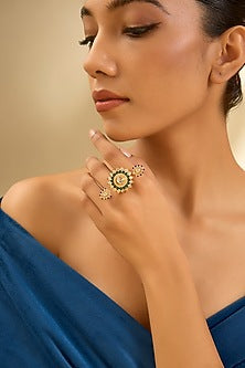 Yellow Gold Finish Moissanite Polki & Glass-Filled Emerald Ring In Sterling Silver