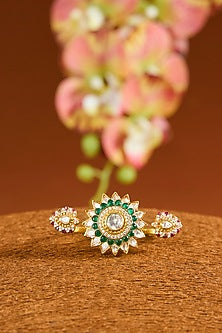 Yellow Gold Finish Moissanite Polki & Glass-Filled Emerald Ring In Sterling Silver