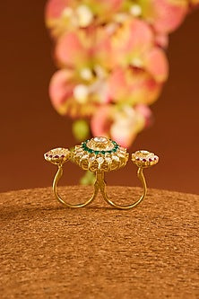 Yellow Gold Finish Moissanite Polki & Glass-Filled Emerald Ring In Sterling Silver