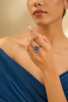 White Finish Eurostar Zircon & Glass-Filled Blue Sapphire Ring In Sterling Silver