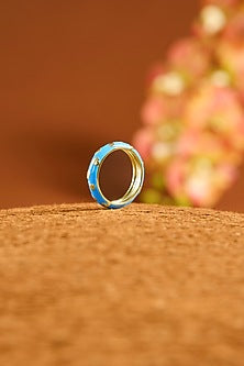 Yellow Gold Finish Blue Enameled Ring In Sterling Silver