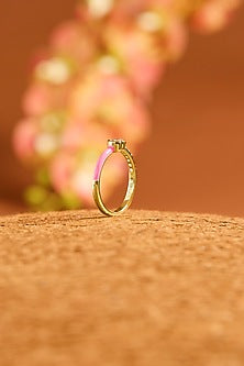 Gold Finish Eurostar Zircon Pink Enameled Ring In Sterling Silver