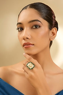 Yellow Gold Finish Moissanite Polki & Glass-Filled Emerald Ring In Sterling Silver