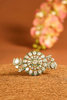 Yellow Gold Finish Moissanite Polki & Emerald Ring In Sterling Silver