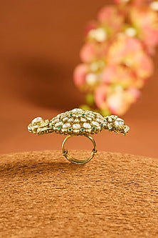 Yellow Gold Finish Moissanite Polki & Emerald Ring In Sterling Silver
