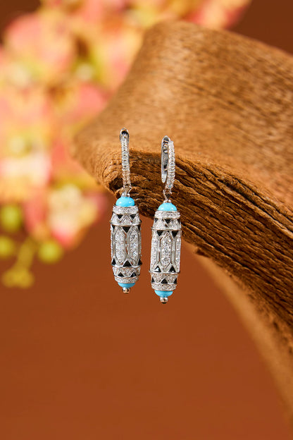 White Gold Finish Eurostar Zircon Enameled Dangler Earrings In Sterling Silver