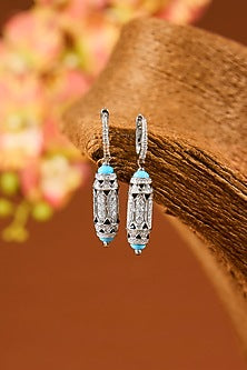 White Gold Finish Eurostar Zircon Enameled Dangler Earrings In Sterling Silver