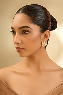Yellow Gold Finish Eurostar Zircon Stud Earrings In Sterling Silver