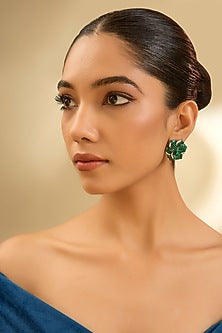White Gold Finish Eurostar Zircon & Emerald Stud Earrings In Sterling Silver