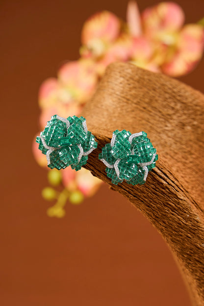 White Gold Finish Eurostar Zircon & Emerald Stud Earrings In Sterling Silver