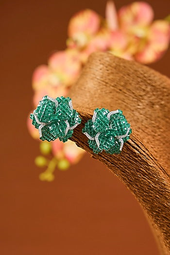 White Gold Finish Eurostar Zircon & Emerald Stud Earrings In Sterling Silver