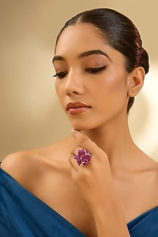 White Gold Finish Eurostar Zircon & Ruby Ring In Sterling Silver