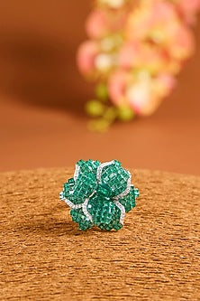 White Gold Finish Eurostar Zircon & Emerald Ring In Sterling Silver