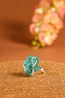 White Gold Finish Eurostar Zircon & Emerald Ring In Sterling Silver