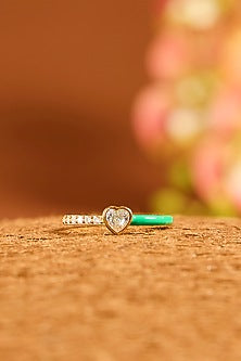 Gold Finish Eurostar Zircon Green Enameled Ring In Sterling Silver