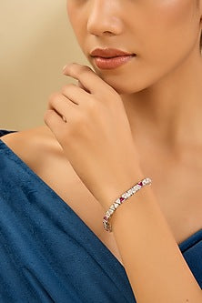 White Gold Finish Eurostar Zircon & Ruby Bracelet In Sterling Silver