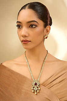 Yellow Gold Finish Moissanite Polki & Ruby Long Necklace Set In Sterling Silver
