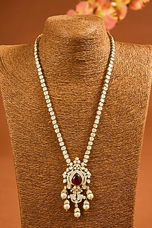 Yellow Gold Finish Moissanite Polki & Ruby Long Necklace Set In Sterling Silver