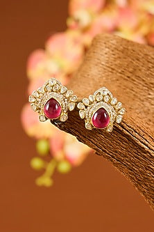 Yellow Gold Finish Moissanite Polki & Ruby Long Necklace Set In Sterling Silver