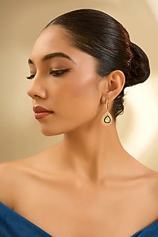 Yellow Gold Finish Moissanite Polki Green Enameled Dangler Earrings In Sterling Silver