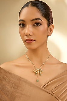 Yellow Gold Finish Moissanite Polki & Emerald Pendant Cum Brooch In Sterling Silver