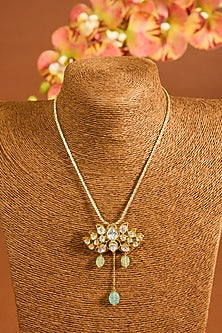 Yellow Gold Finish Moissanite Polki & Emerald Pendant Cum Brooch In Sterling Silver