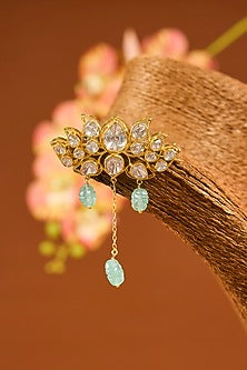 Yellow Gold Finish Moissanite Polki & Emerald Pendant Cum Brooch In Sterling Silver