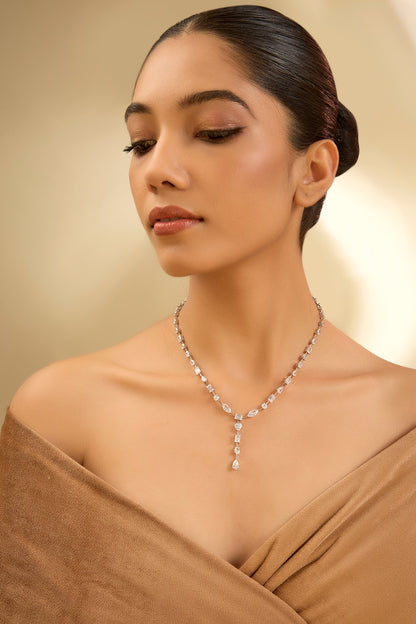 White Finish Eurostar Zircon Necklace In Sterling Silver