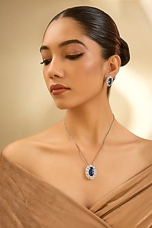 White Gold Finish Eurostar Zircon & Sapphire Pendant Set In Sterling Silver