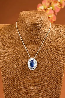 White Gold Finish Eurostar Zircon & Sapphire Pendant Set In Sterling Silver