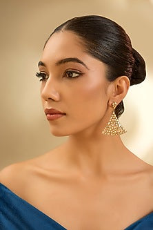 Gold Finish Eurostar Zircon & Moissanite Polki Dangler Earrings In Sterling Silver