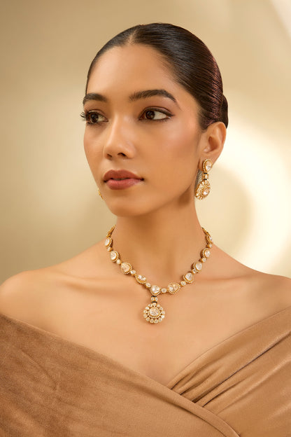 Yellow Gold Finish Moissanite Polki Necklace Set In Sterling Silver